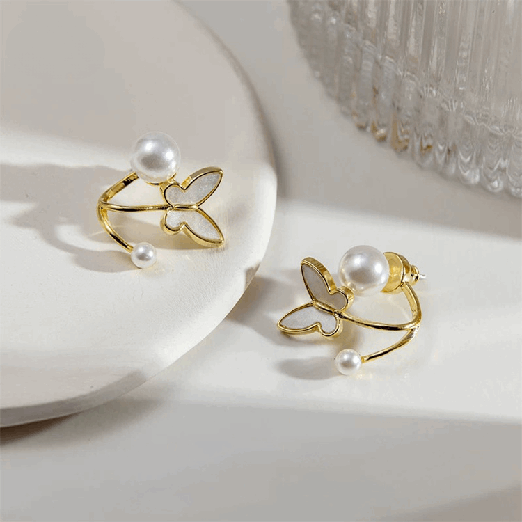 Korean Small White butterfly with Pearl Elegant Stud Fashion Earrings