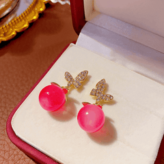 Beautiful Red Pearl Full of Diamonds Butterfly Drop Earrings New Korean Style Earrings for Women