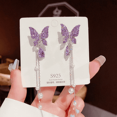 Vintage Purple Butterfly Rhinestone Pendant with Pearl Long Chain Drop Korean Earrings for Girls