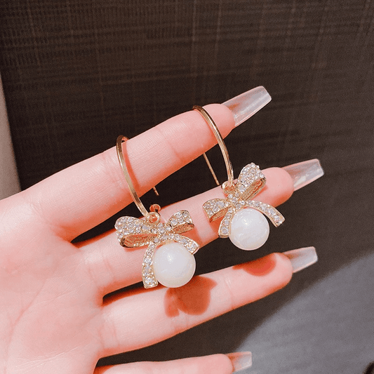 Trendy Bowknot Pearl Earrings Dangle Shape Drop Diamond Stud Korean Elegant Earrings