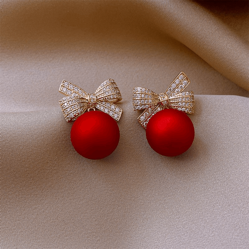 Latest Gold Plated Crystal Diamonds Red Bow Pearl Drop Korean Earrings for Women