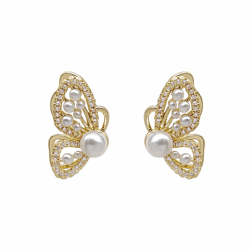 Trendy Golden Beaded Butterfly with Pearl Stud Korean Fashion Earrings with s925 needle