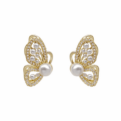 Trendy Golden Beaded Butterfly with Pearl Stud Korean Fashion Earrings with s925 needle
