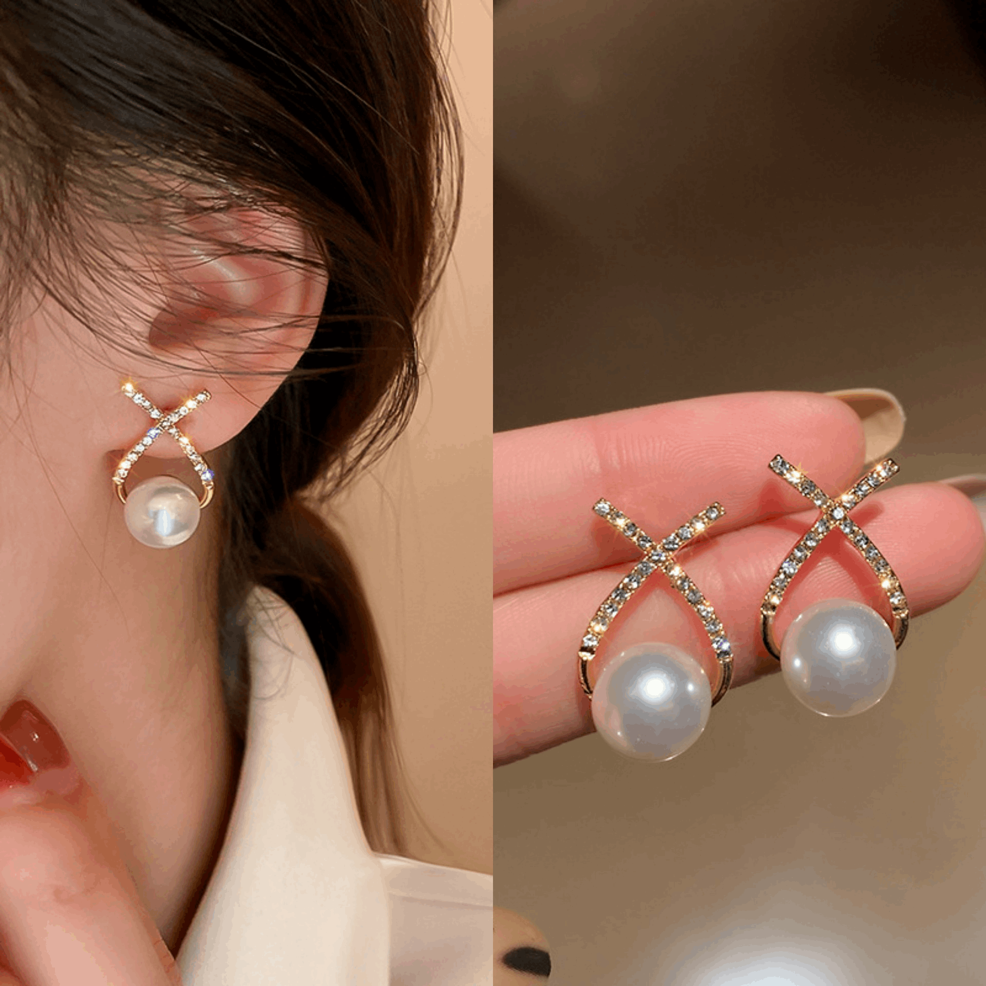 Classic Small Fragrant Wind Pearl with Cross Zircon Geometry Pearl Korean Earrings
