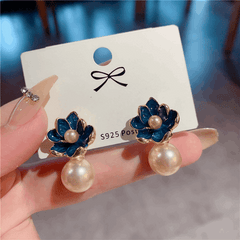 Korean Blue Enamel Flower with Pearl Stud Fashion Korean Earrings for Women