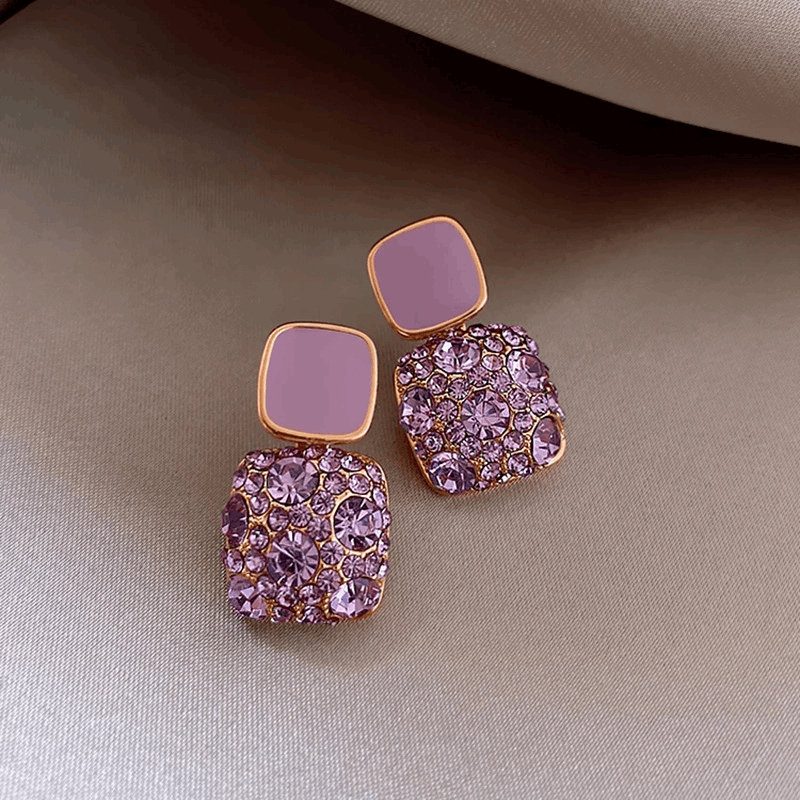 Hot Selling Korean Purple Square Crystal Rhinestone Earrings Elegant Geometric Diamond Earrings