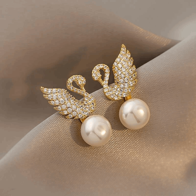 Crystal Swan Zircon Pearl Earrings Luxurious and Latest trendy Korean Earrings for Office