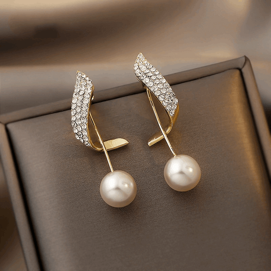 Korean Style Gold Plated Pearl Drop Earrings Trendy S925 Silver Needle Pearl Dangle Geometric Rhinestone Long Earring