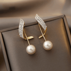 Korean Style Gold Plated Pearl Drop Earrings Trendy S925 Silver Needle Pearl Dangle Geometric Rhinestone Long Earring