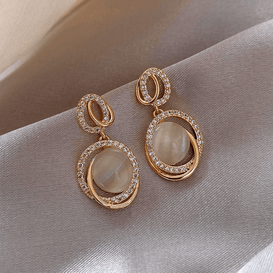 French Opal Stone with Diamond Embellishments and Transparent Crystal Drop Korean Earrings