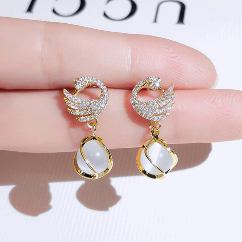 Trendy Rhinestone Swan Stud Earrings with Opal Stone Luxury Korean Drop Earrings for Women