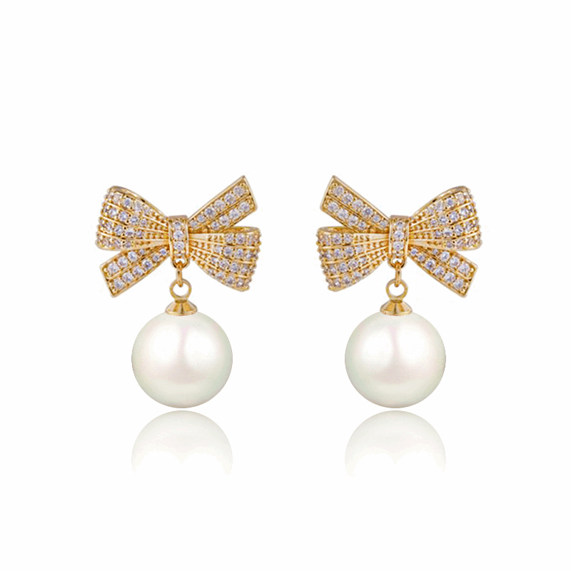 Latest Gold Plated Crystal Diamonds White Bow Pearl Drop Korean Earrings for Women