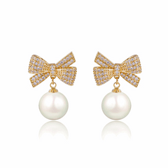Latest Gold Plated Crystal Diamonds White Bow Pearl Drop Korean Earrings for Women