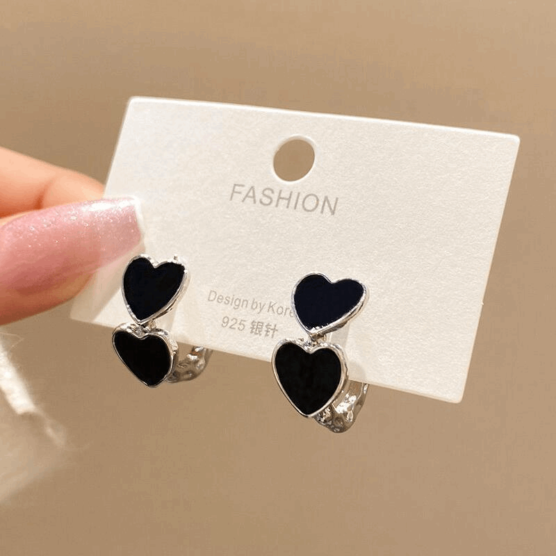 Korean Style Black Enamel Twin Heart with Silver Plating Stud Ear Clip Korean Earrings