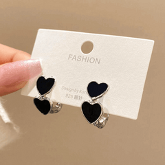 Korean Style Black Enamel Twin Heart with Silver Plating Stud Ear Clip Korean Earrings