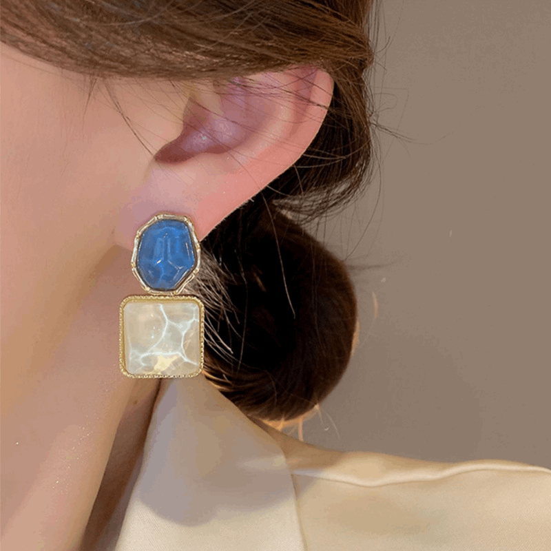 Korean Blue-White Assymetrical Luxury Square Resin Earrings Water Wave Pattern Drop Earrings