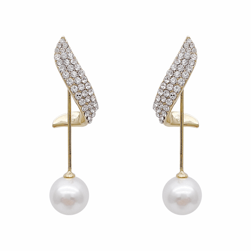 Korean Style Gold Plated Pearl Drop Earrings Trendy S925 Silver Needle Pearl Dangle Geometric Rhinestone Long Earring