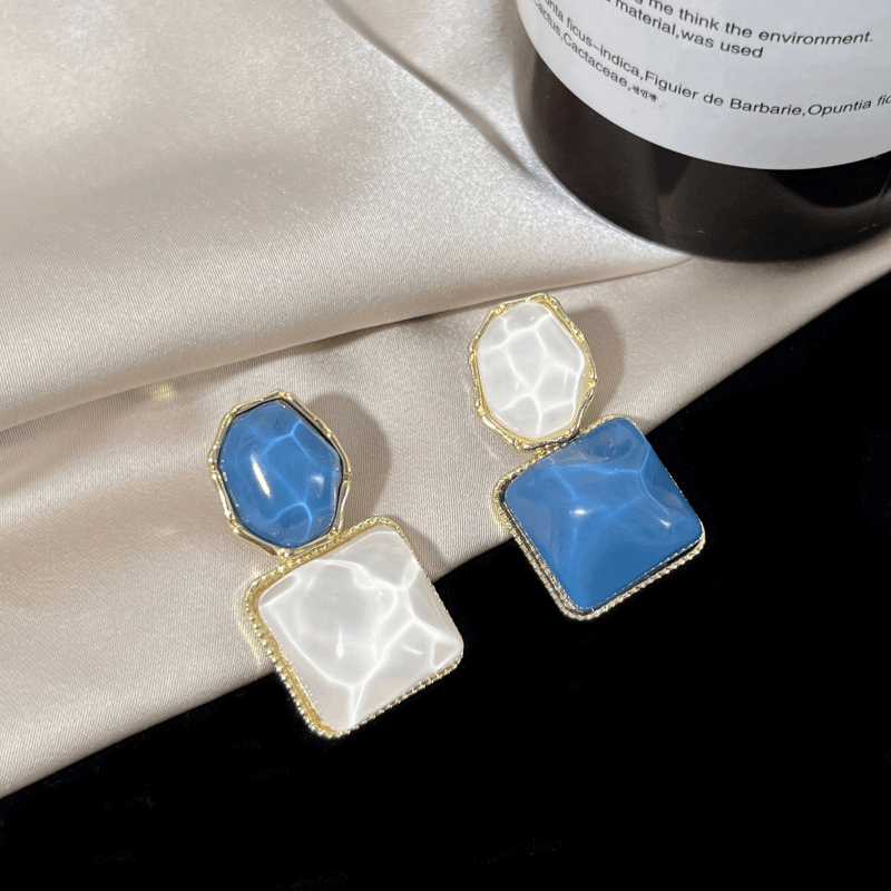 Korean Blue-White Assymetrical Luxury Square Resin Earrings Water Wave Pattern Drop Earrings