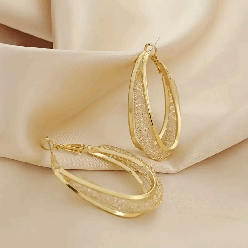 Crystal Mesh Hoop Golden Plated Oval Shaped Hoop Circle Korean Earrings For Party