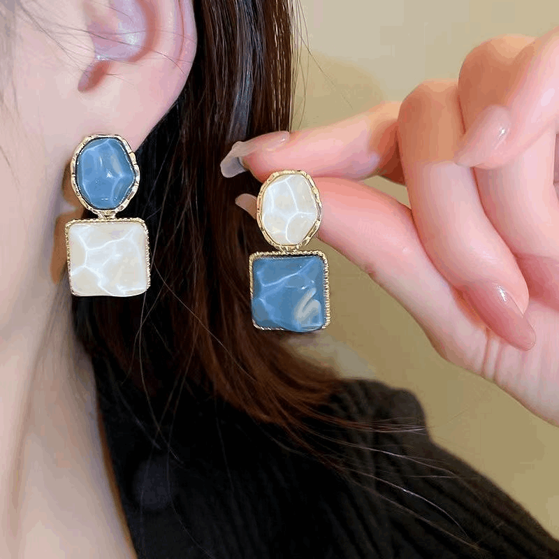 Korean Blue-White Assymetrical Luxury Square Resin Earrings Water Wave Pattern Drop Earrings