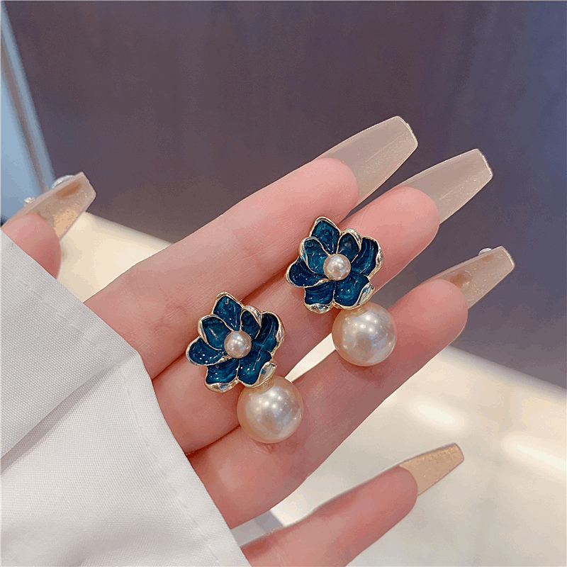 Korean Blue Enamel Flower with Pearl Stud Fashion Korean Earrings for Women