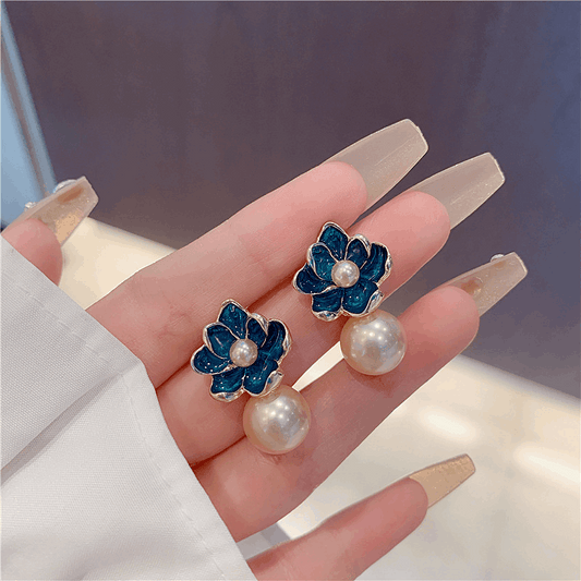 Korean Blue Enamel Flower with Pearl Stud Fashion Korean Earrings for Women
