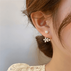 Luxury Rhinestone Flower with White Pearl Elegant Stud Korean Earrings for Women