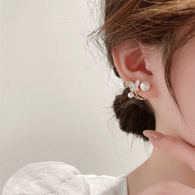 Korean Small White butterfly with Pearl Elegant Stud Fashion Earrings