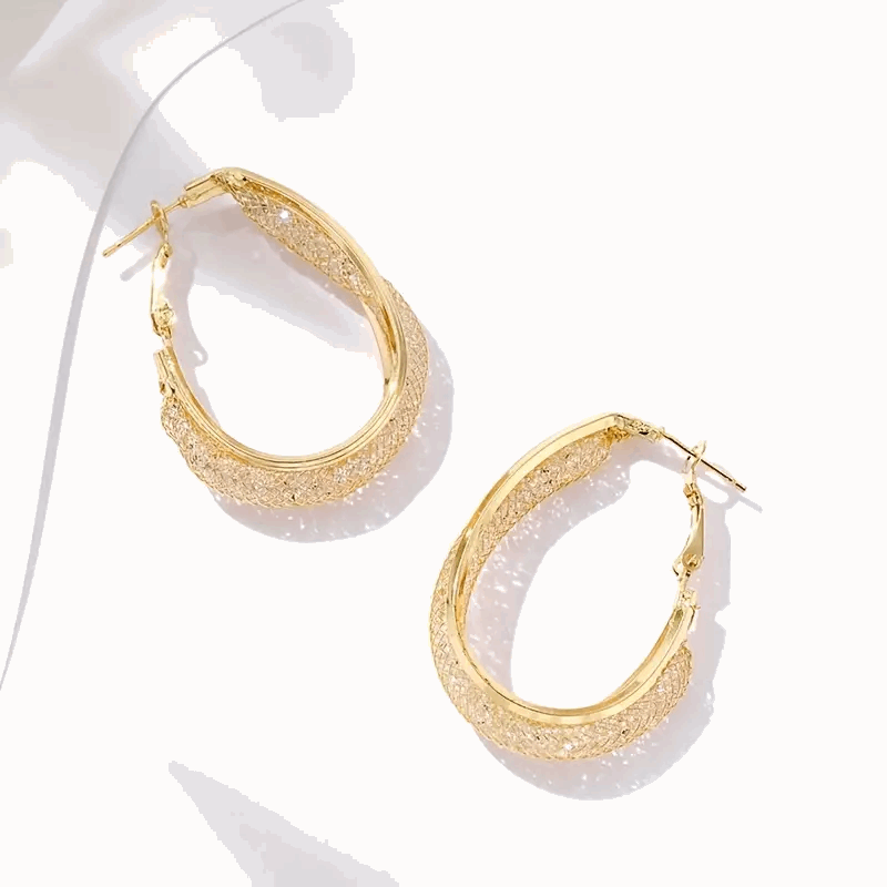 Crystal Mesh Hoop Golden Plated Oval Shaped Hoop Circle Korean Earrings For Party