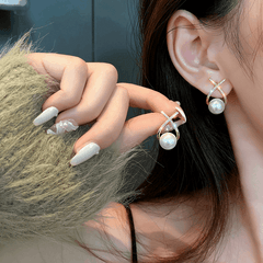 Classic Small Fragrant Wind Pearl with Cross Zircon Geometry Pearl Korean Earrings