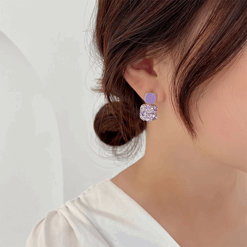 Hot Selling Korean Purple Square Crystal Rhinestone Earrings Elegant Geometric Diamond Earrings