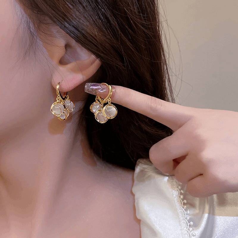 Minimalist Gold Fancy Opal Jade Crystal Ball Hoop Lock Tassel Drop Korean Earrings