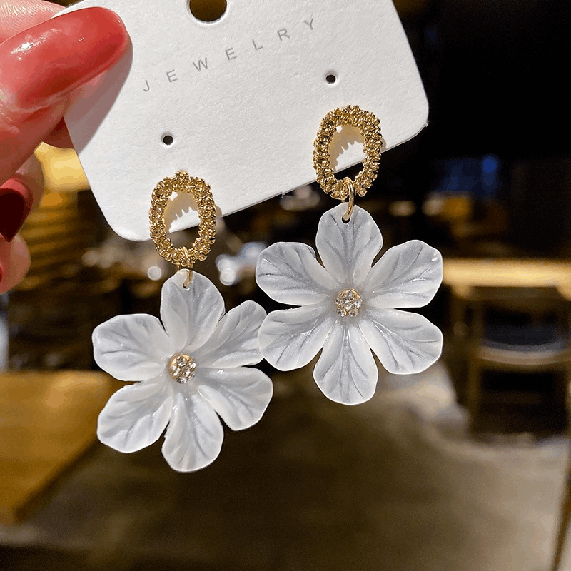 Simple Metal White Flower with zircon Drop Korean Earrings for Women