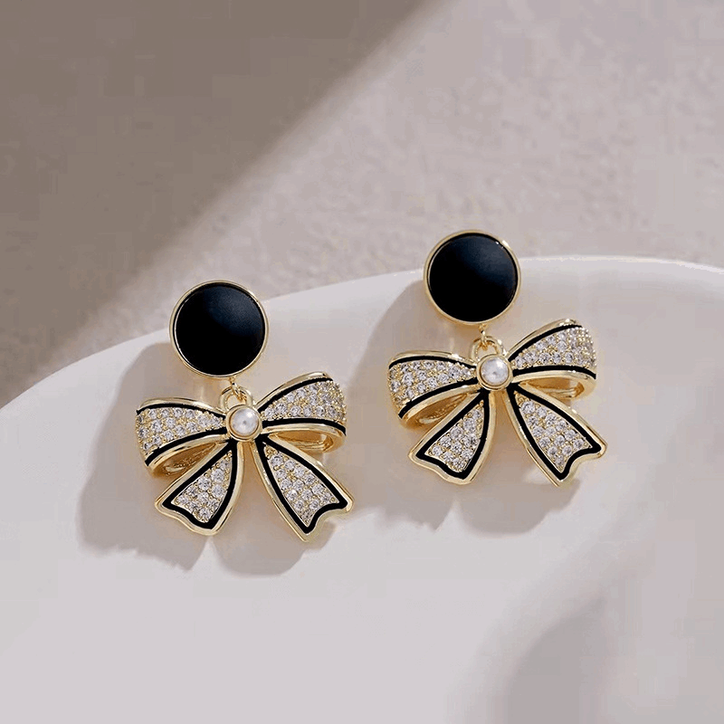 Korean Black Bow Stud Earrings Light Luxury Design with Sparkles Bowknot Fashion Earrings for Women
