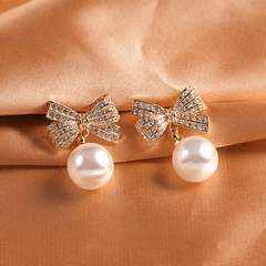 Latest Gold Plated Crystal Diamonds White Bow Pearl Drop Korean Earrings for Women