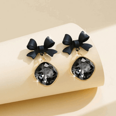Korean Style Black Bowknot with Big Rhinestone Drop Korean Earring for Women