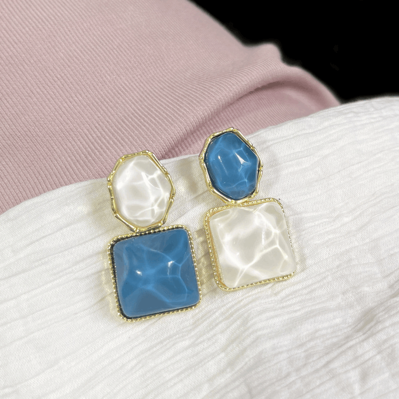 Korean Blue-White Assymetrical Luxury Square Resin Earrings Water Wave Pattern Drop Earrings