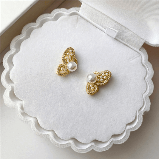 Trendy Golden Beaded Butterfly with Pearl Stud Korean Fashion Earrings with s925 needle