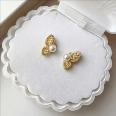 Trendy Golden Beaded Butterfly with Pearl Stud Korean Fashion Earrings with s925 needle