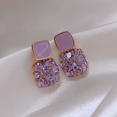 Hot Selling Korean Purple Square Crystal Rhinestone Earrings Elegant Geometric Diamond Earrings