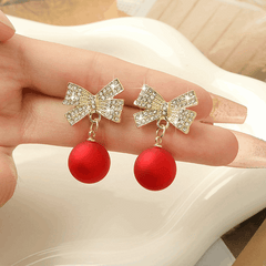 Latest Gold Plated Crystal Diamonds Red Bow Pearl Drop Korean Earrings for Women