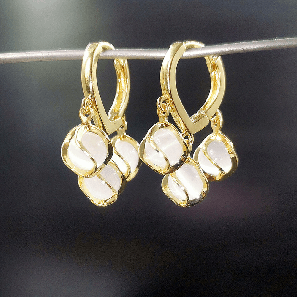 Minimalist Gold Fancy Opal Jade Crystal Ball Hoop Lock Tassel Drop Korean Earrings