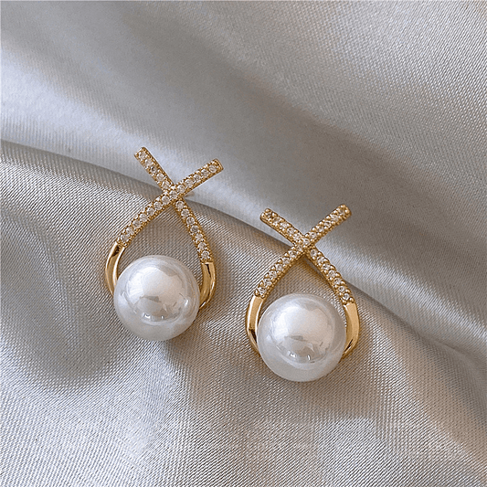Classic Small Fragrant Wind Pearl with Cross Zircon Geometry Pearl Korean Earrings