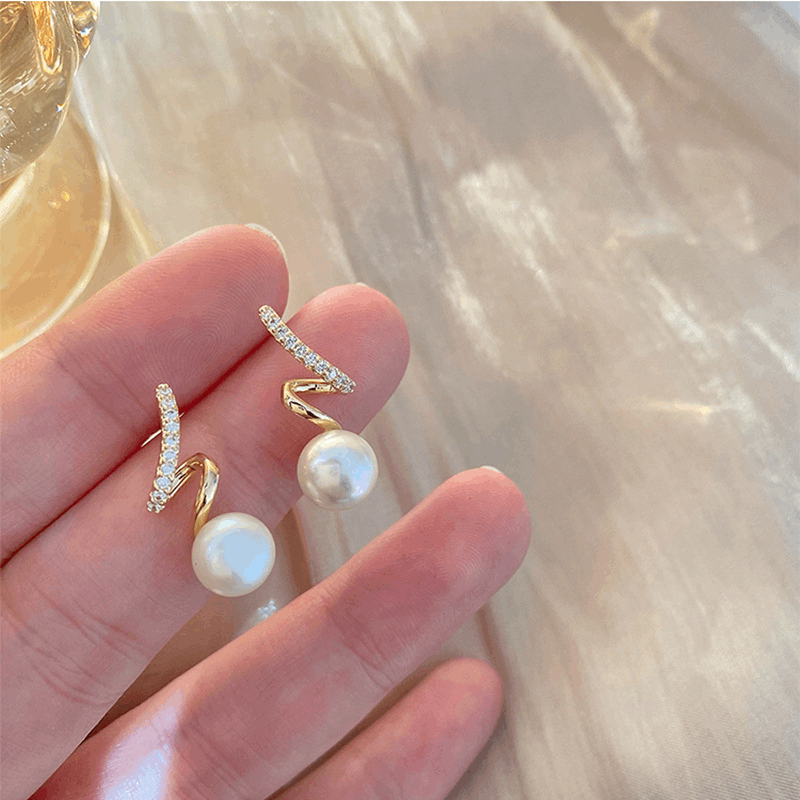 Twisted Diamond Stud Pearl Earrings Snake Shaped Luxury Fashion Stud Korean Earrings
