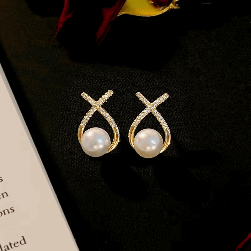 Classic Small Fragrant Wind Pearl with Cross Zircon Geometry Pearl Korean Earrings