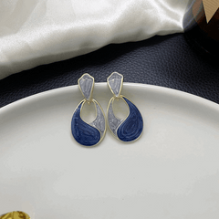 French Gold Plated Blue Enamel Geometric Water Drop Oval Shaped Drop Korean Earrings
