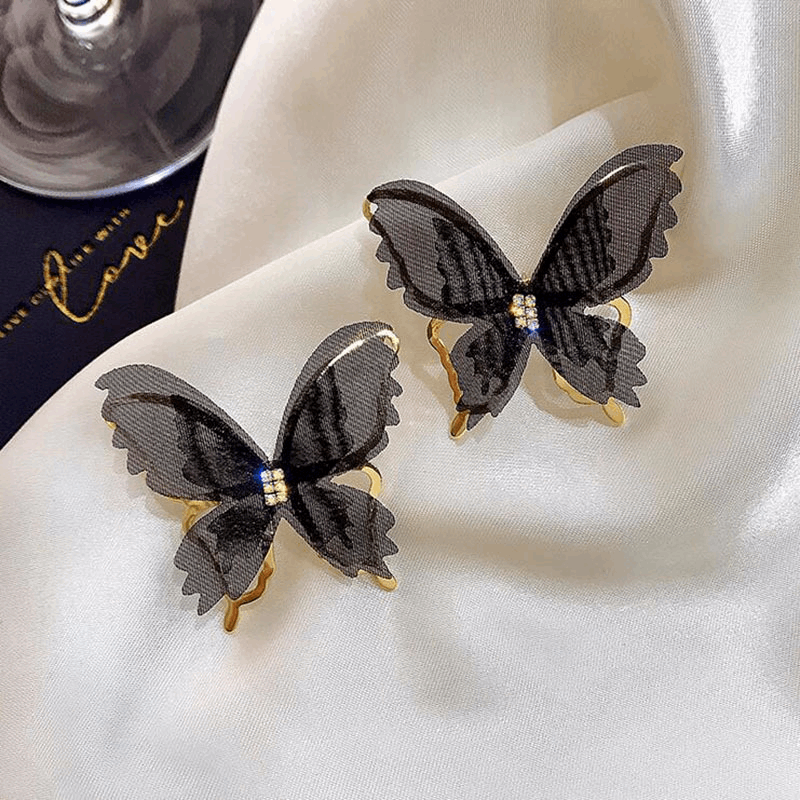 Metal Chiffon Fabric Black butterfly Earrings with Mesh Design Trendy Korean Earrings for Girls