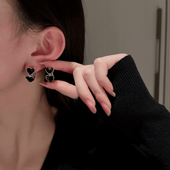Korean Style Black Enamel Twin Heart with Silver Plating Stud Ear Clip Korean Earrings