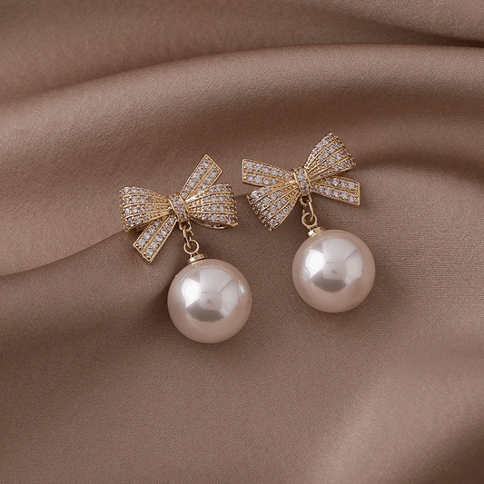 Latest Gold Plated Crystal Diamonds White Bow Pearl Drop Korean Earrings for Women