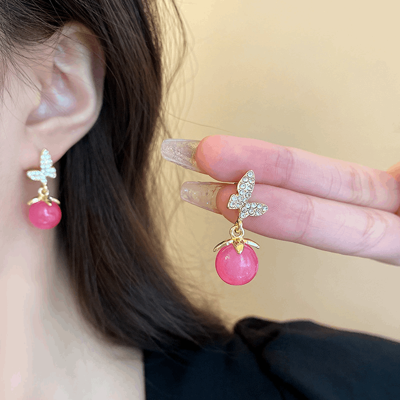 Beautiful Red Pearl Full of Diamonds Butterfly Drop Earrings New Korean Style Earrings for Women